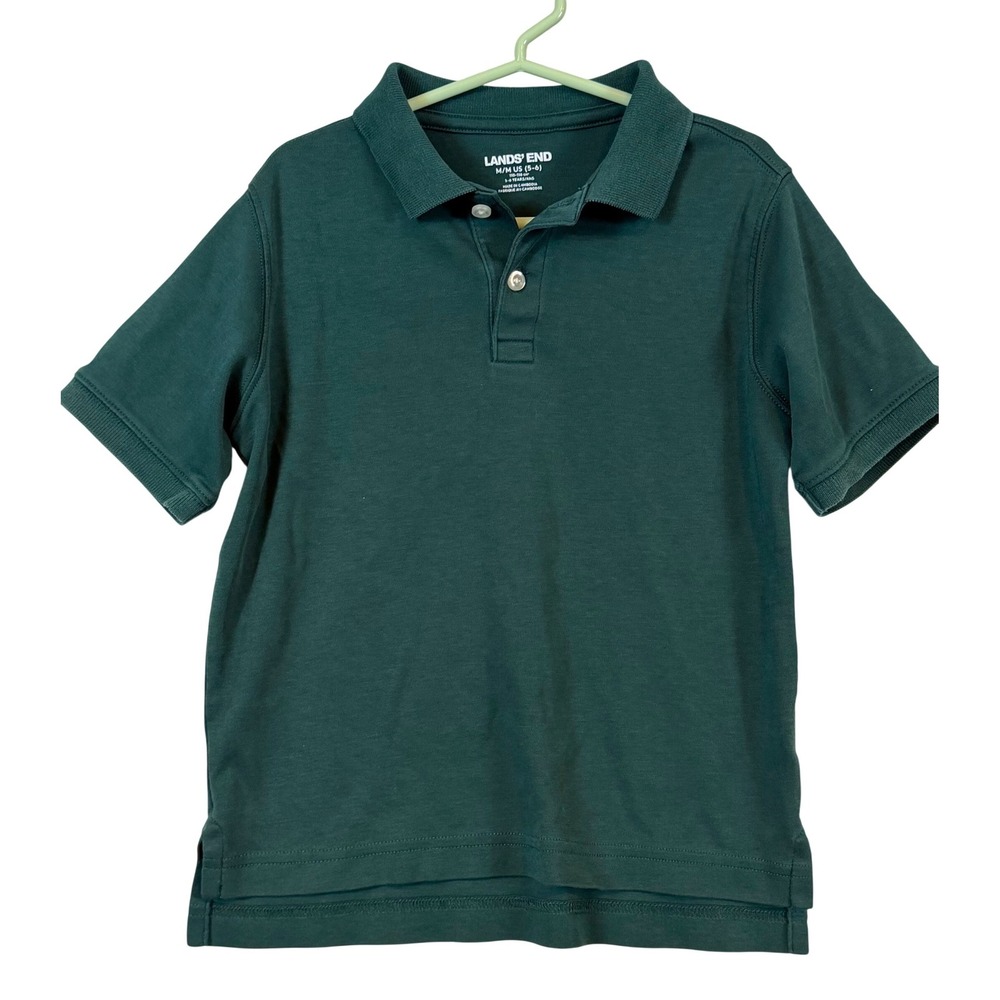 Lands End Kids Dark Green Short Sleeve Cotton Polo Uniform  M‎ 5-6 School Shirt
